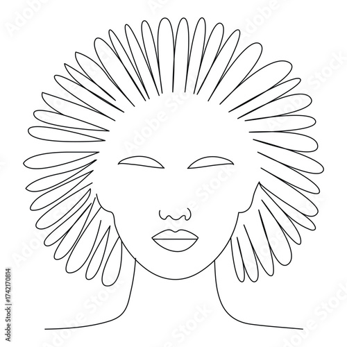 Stylized line drawing of a woman s face with a large afro hairstyle