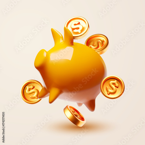 Savings. Money gold coins and piggy bank. Financial security.