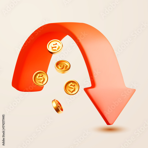 Bank financial investment collapse. Money and savings loss. Golden coins with red down arrow