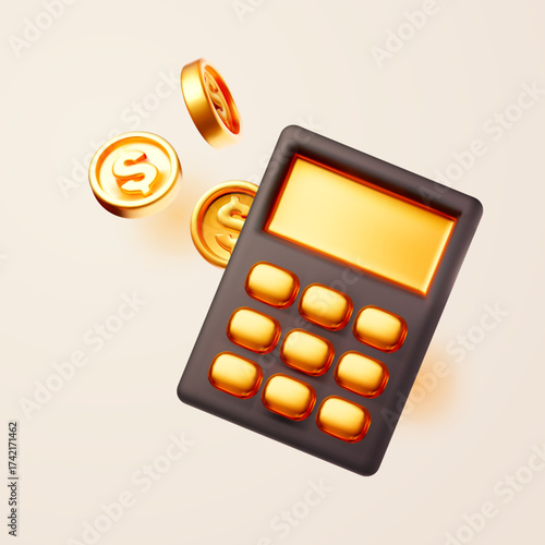 3d calculator with golden coins. Finance and banking. Calculator icon and golden coins