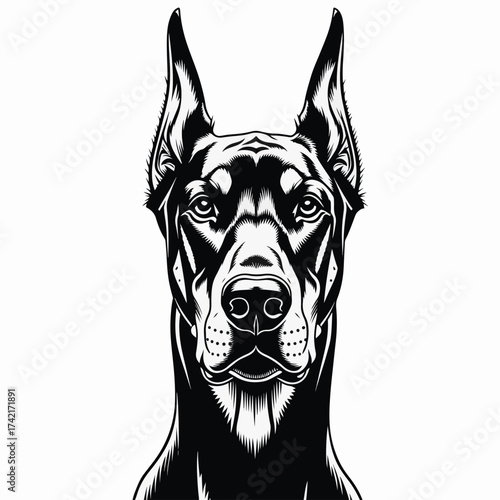 Doberman portrait in black and white woodcut style offers a unique graphic design, ideal for print and web. Doberman portrait design showcases the noble features of the breed with striking contrast.