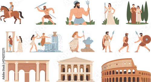 Ancient Roman Greek illustration, mythology scenes, historical architecture, classical culture, warriors, temples, Colosseum, gods, daily life, flat vector art, educational design