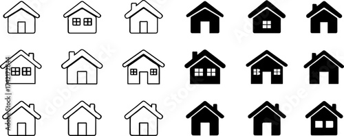 Home Icons: A collection of house icons arranged in a grid, symbolizing housing, real estate, and domestic living in black and white. Perfect for design use.