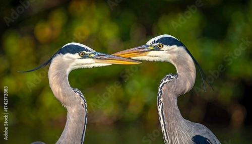 Two herons with intertwined necks, close together