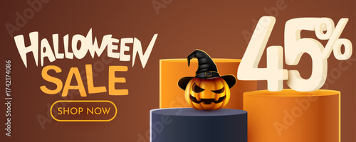 Halloween Sale 45 Percent Off Banner with Spooky Pumpkin. Forty five Percent off. Seasonal discount advertisement. Vector illustration.