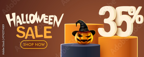 Halloween Sale 35 Percent Off Banner with Spooky Pumpkin. Thirty five Percent off. Seasonal discount advertisement. Vector illustration.