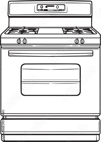 Black and white gas stove and oven illustration with burners, knobs, and viewing window in vector line style