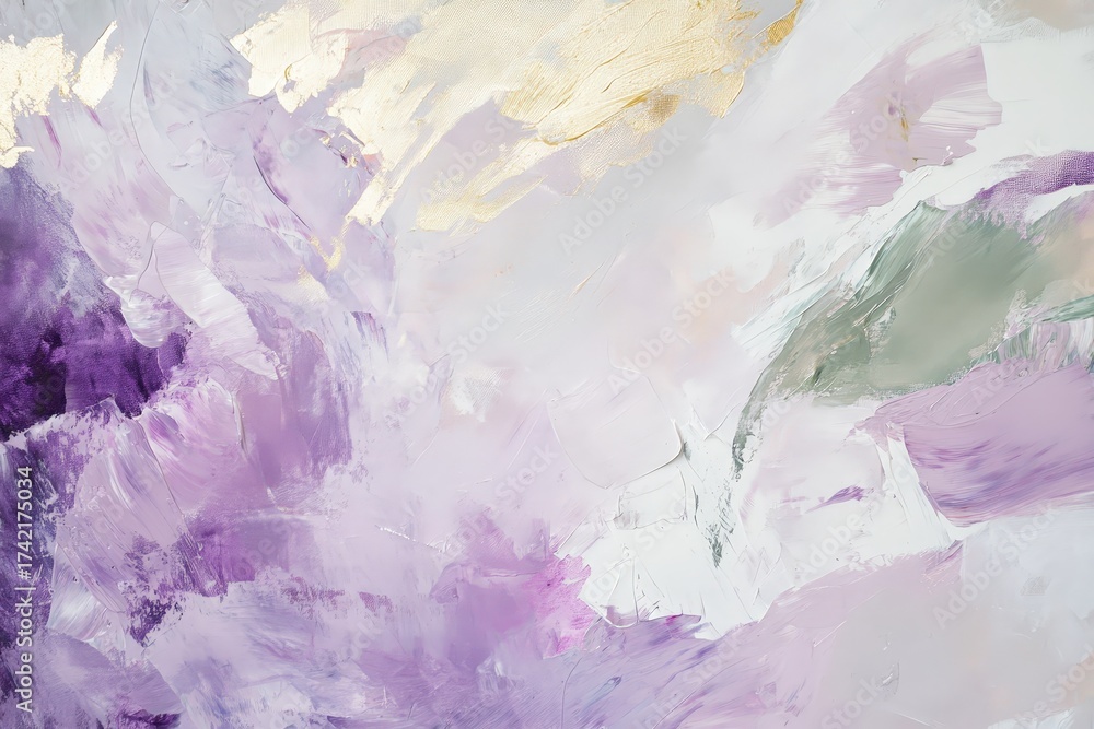 Obraz premium A vibrant abstract painting showcasing a dynamic interplay of purple, mauve, and light beige hues with hints of gold.