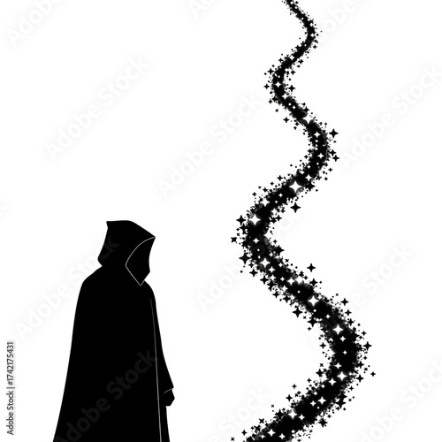 Mysterious hooded figure follows a sparkling cosmic trail.