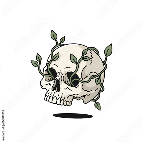 Skull with vines growing through eye sockets, a morbid illustration.