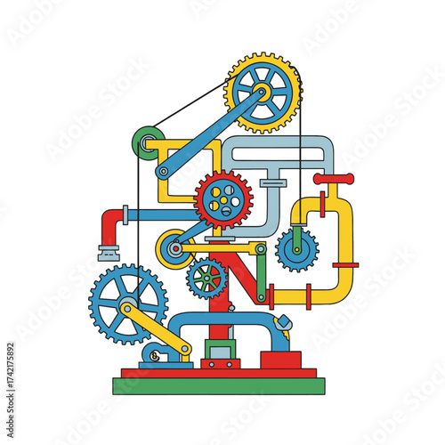 Intricate mechanical device with gears and pipes illustration.