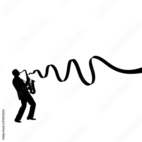 Silhouette of a Musician Playing Saxophone with Sound Waves.