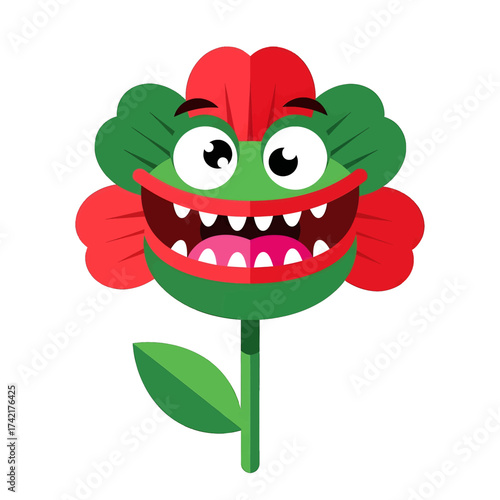 Cartoon carnivorous plant with big teeth and happy face.