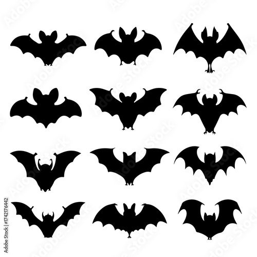 Halloween bat and bats silhouette, Bat icon, set of halloween bats vector illustration on a white background