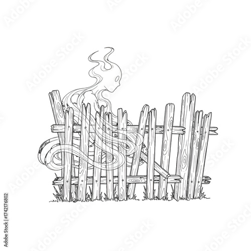 Ghostly figure peering over wooden fence in monochrome illustration.