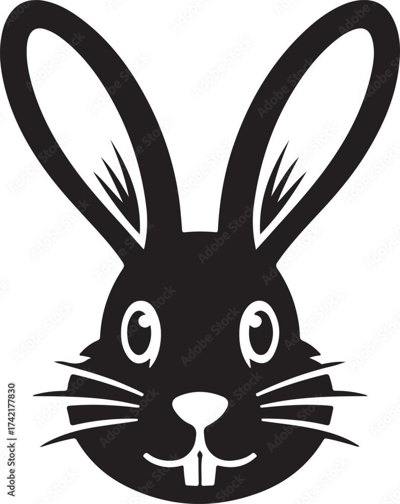 Fototapeta premium Cute Bunny Head. Monochrome Easter Rabbit Face With Long Ears. Silhouette Pet Hare