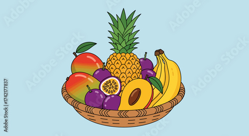 A vibrant collection of fresh tropical fruits artfully arranged in a woven basket, perfect for healthy eating and summer themes