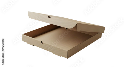 Open, empty, square, brown pizza box viewed from an angle