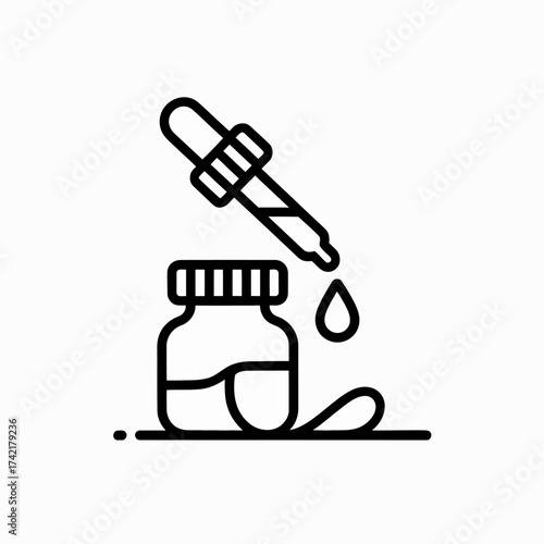 Essential oil bottle with dropper isolated on white background in outline