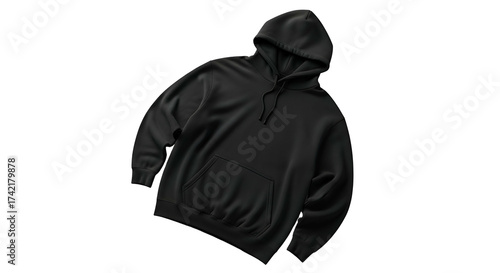 Plain black hoodie with a hood, angled over solid black backdrop