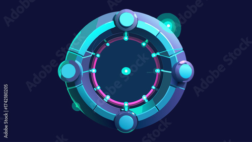 A blue and purple circle with a black center. The circle is surrounded by a series of blue and purple buttons