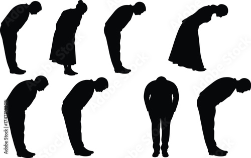 Bowing silhouette, respect gesture, cultural tradition, greeting posture, apology pose, male and female, formal etiquette, humility, honor, social expression