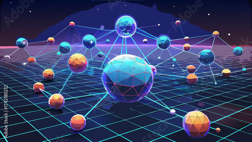 A colorful galaxy of planets and spheres with a blue sphere in the middle. The blue sphere is surrounded by many other spheres of different colors. The image has a futuristic