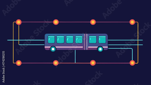 A bus is shown on a blue background with a lot of lines and circles surrounding it. The bus is the main focus of the image, and the lines