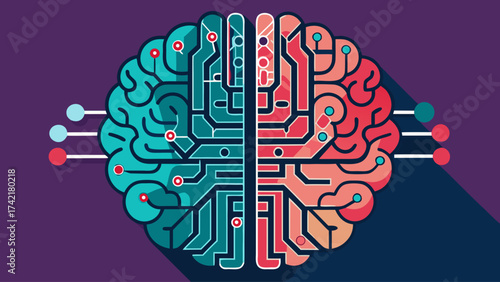 A colorful brain with wires and circuits. The brain is split into two halves, with the left half being blue and the right half being red. Concept of the complexity of the human brain
