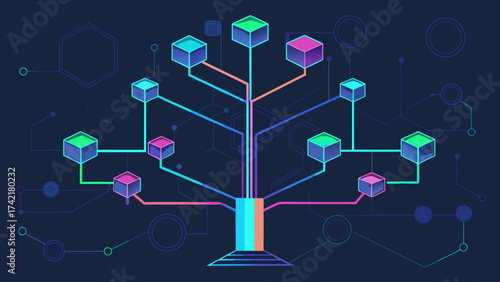 A colorful tree made of cubes is displayed on a dark background. The tree is made up of many cubes, each one representing a different node in a network
