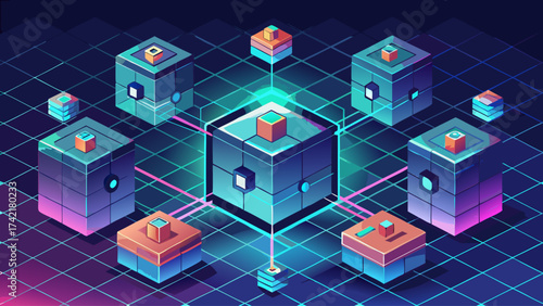 A colorful image of cubes and boxes with a blue background. The cubes and boxes are arranged in a grid pattern, with some of them overlapping. Concept of complexity and organization