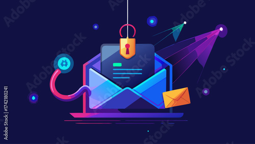 A colorful image of a laptop with a blue envelope on it. The envelope has a lock on it and is hanging from a string. Concept of a message being sent or received