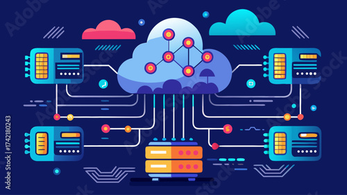 A colorful drawing of a network of servers and data centers. Concept of a complex and interconnected system, with various components working together to process and store information