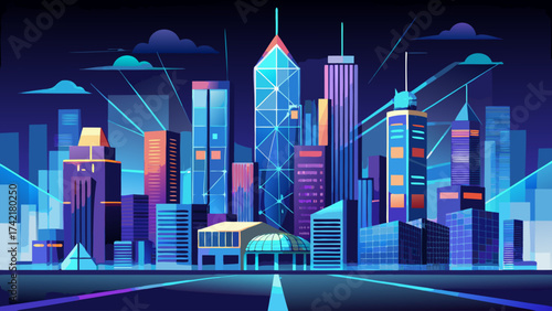 A cityscape with tall buildings and a large building with a dome on top. The city is lit up at night, giving it a vibrant and lively atmosphere