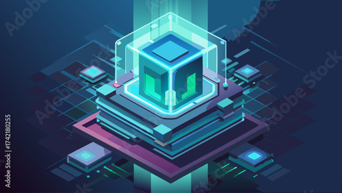 A futuristic cityscape with a tall tower in the center. The tower is surrounded by a network of buildings and is illuminated with a blue light. Scene is one of innovation and progress