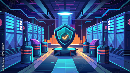 A futuristic room with a large shield in the middle. The shield has a check mark on it