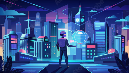 A man in a suit stands in front of a cityscape, looking at a virtual reality display