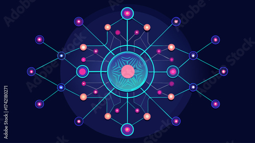A colorful, abstract design of a network of lines and dots. The design is made up of many different colors and shapes, and it is a representation of a complex system or network