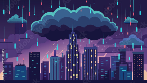 A city skyline with a large cloud and rain falling from it. The city is lit up at night, creating a moody atmosphere