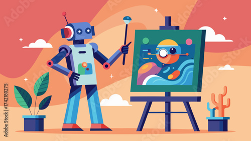 A robot is painting a picture on a canvas. The robot is holding a paintbrush and he is focused on the task at hand. The painting is colorful and abstract, with a mix of bright and dark hues