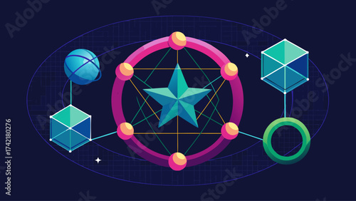A colorful design with a star in the center and a blue circle around it. The star is surrounded by a hexagon and a blue circle. The design is abstract and has a futuristic feel to it