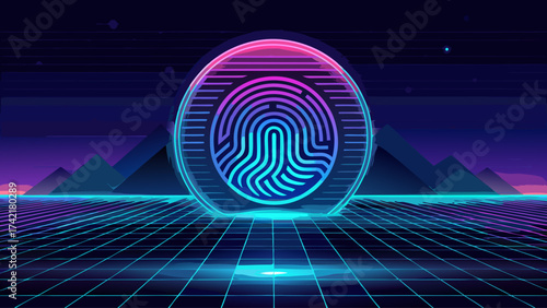 A futuristic landscape with a glowing fingerprint on a dark background. Concept of mystery and intrigue, as the fingerprint is a symbol of identity and uniqueness