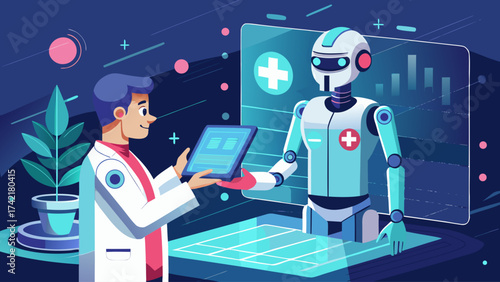 A man is holding a tablet and talking to a robot. The robot is wearing a medical uniform and has a stethoscope. The scene is set in a hospital or medical facility