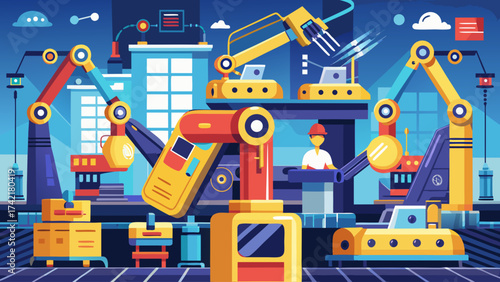 A factory with many machines and a man in a white shirt. The machines are yellow and red