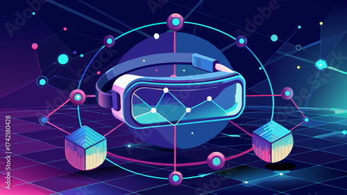 A blue and purple image of a virtual reality headset with a blue and purple background. The image is of a futuristic scene with a lot of dots and lines