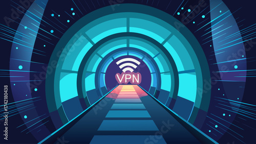 A tunnel with a sign that says VPN. The tunnel is blue and the sign is red