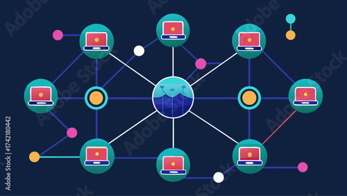A network of laptops is shown with a blue background. The laptops are connected to each other in a web-like pattern