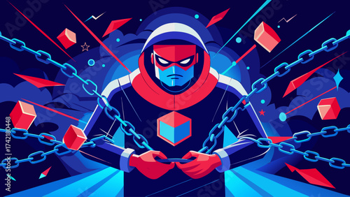 A man is holding a cell phone and is surrounded by chains. The image has a dark and ominous mood, with the chains symbolizing confinement