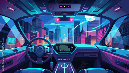 A car is driving through a city at night. The driver is looking at the dashboard. The dashboard has a GPS and a cup holder