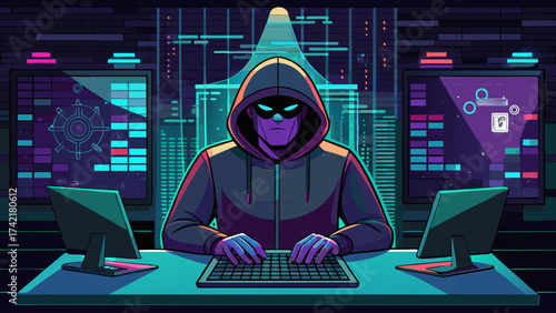 A man in a hoodie is typing on a computer keyboard. The image has a dark and moody atmosphere, with neon colors and a futuristic setting